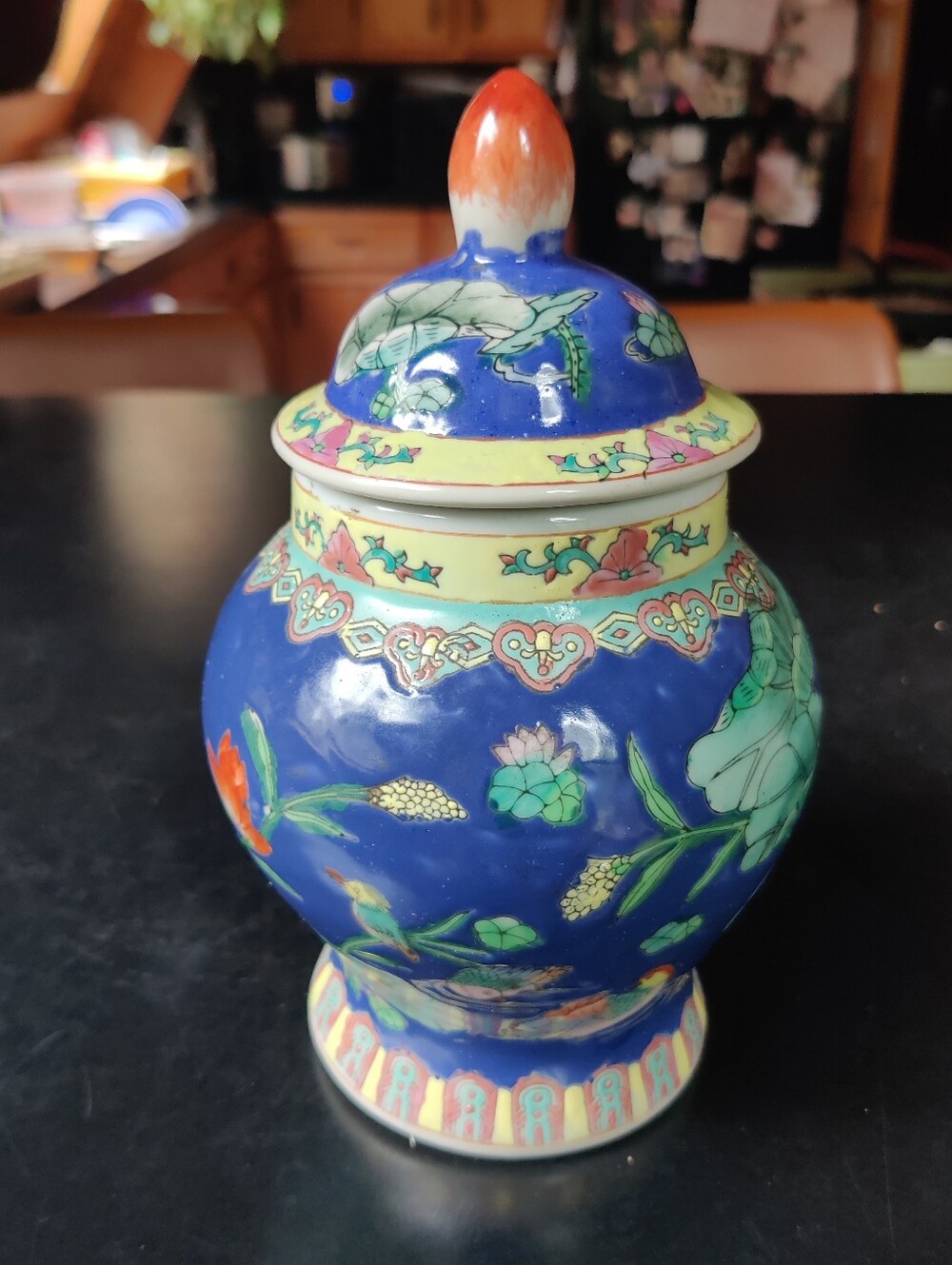 Vintage Ginger Jar Chinese Blue Mandarin Ducks Water Lily Pads Pond 8.5" Flowers